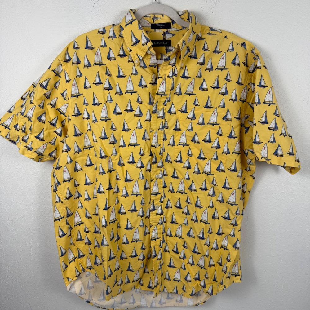 Nautica Mens Yellow Sailboat Print Short Sleeve Button Down Shirt‎ Large Cotton
